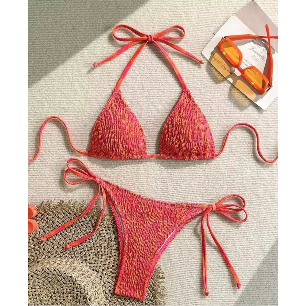 Tropicalcore Pink Orange Smocked Triangle Y2K‎ Bikini High Cut Swimsuit Medium